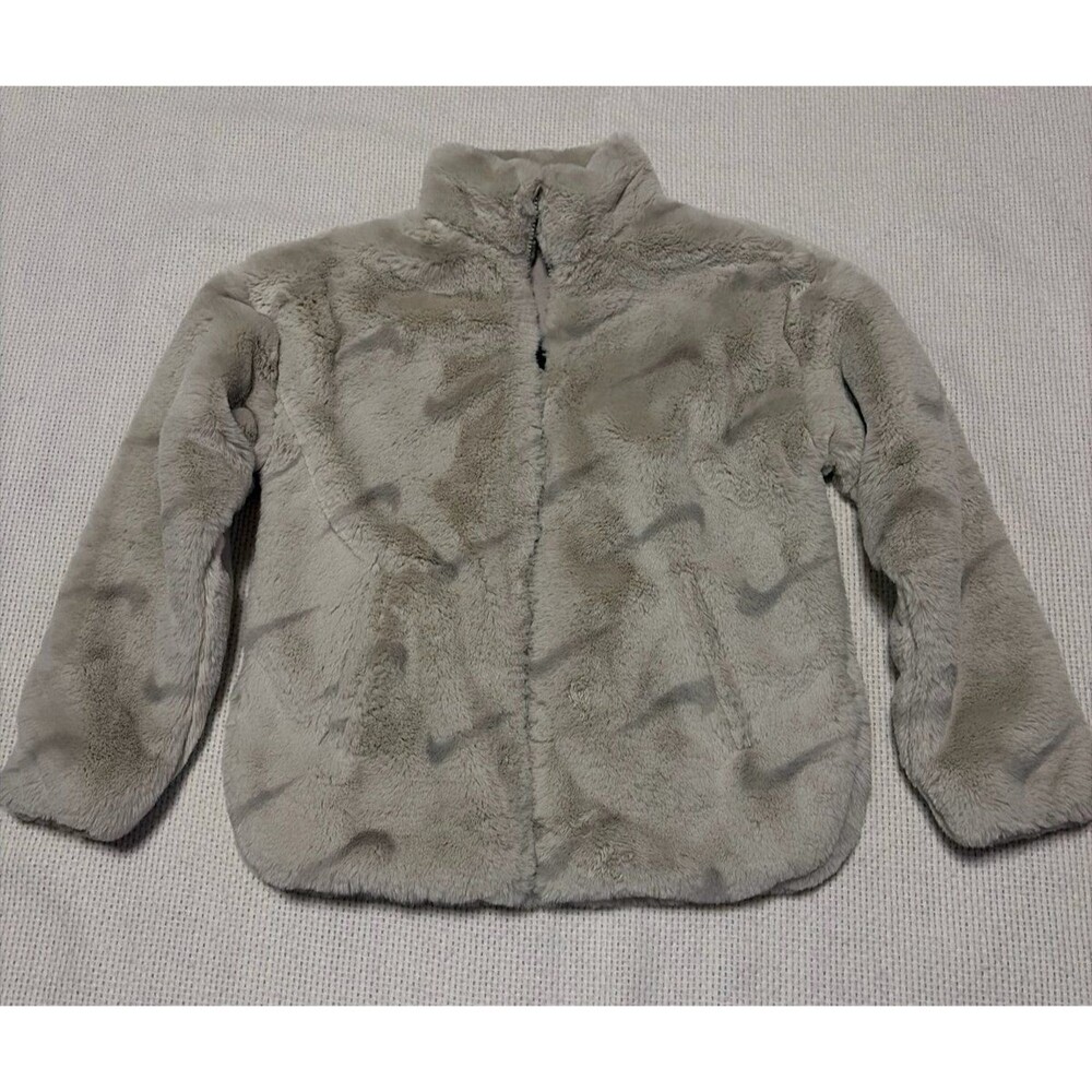 Nike Faux Fur Jacket Women’s Medium Gray Swoosh Full Zip Plush